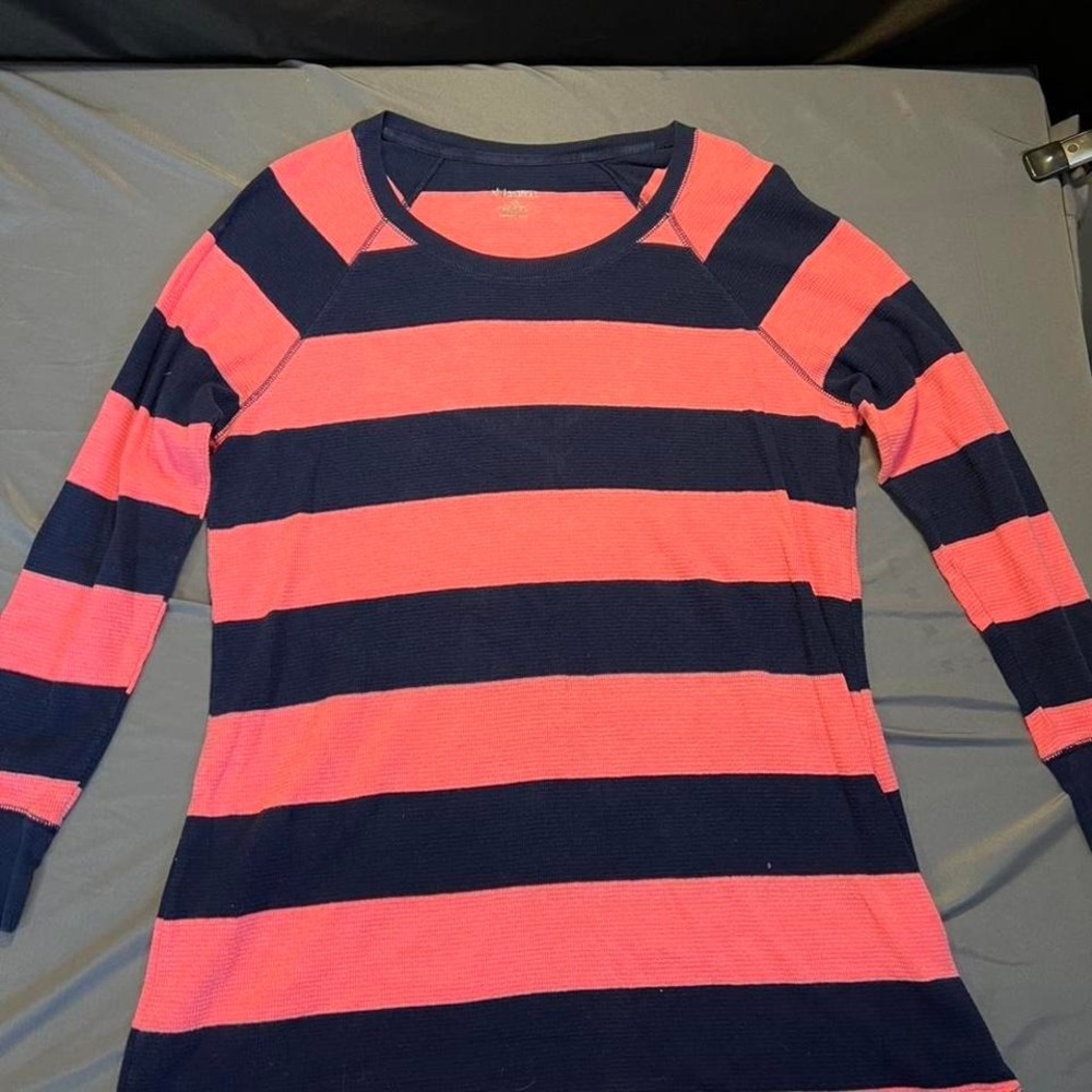 Xhilaration Sleepwear Top Large Navy Blue Coral Pink Striped Waffle Knit Shirt